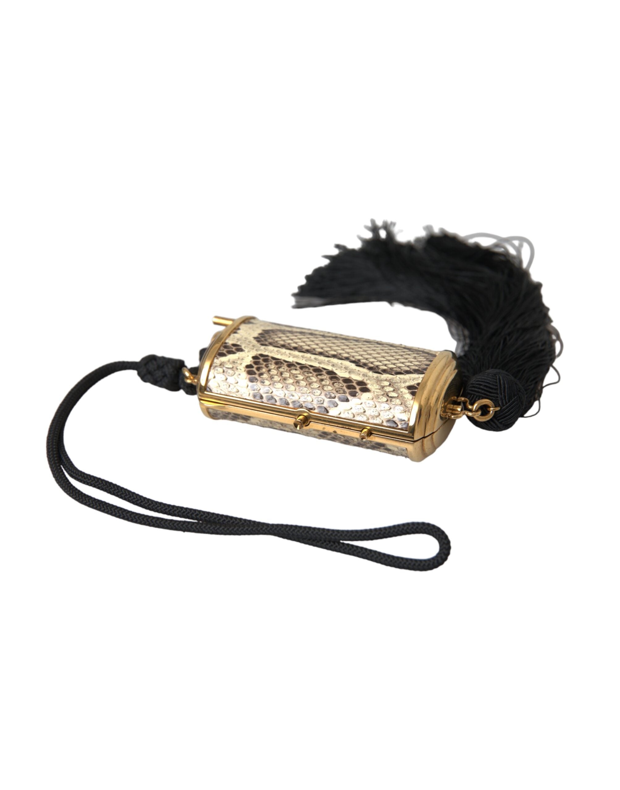 Dolce & Gabbana Beige Exotic Leather Mini Mirror Tassel Makeup Bag